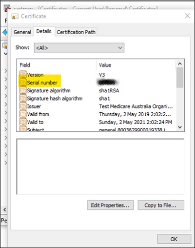 Details tab - certificate serial number required
