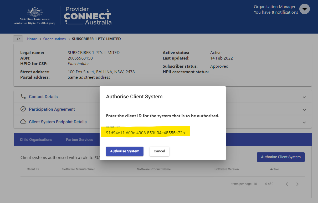 subscriber business partner authorise client system screenshot 2