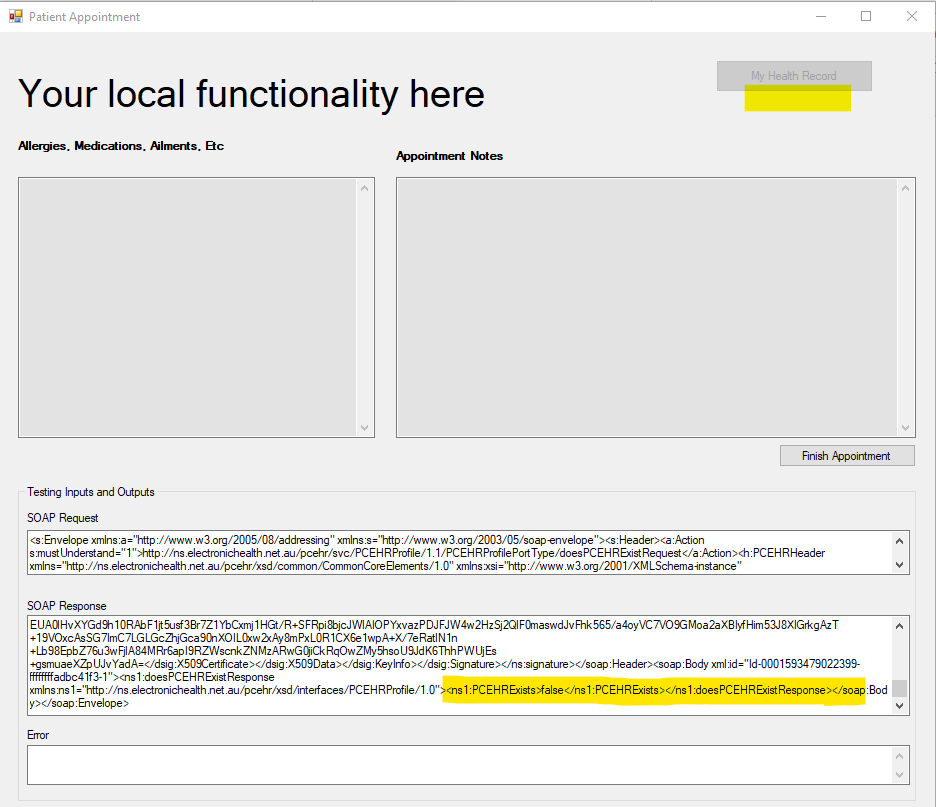Patient Appointment - My Health Record Test screen
